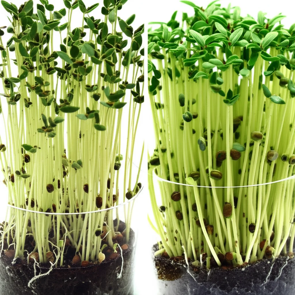 Due gruppi di piantine di fagiolo mungo in vasi da laboratorio. Un gruppo mostra segni di stress da cadmio (più piccole, foglie giallastre), l'altro gruppo, trattato con inibitori di etilene, appare più sano e verde. Obiettivo 50mm, profondità di campo media per mostrare i vasi e le piante, illuminazione da laboratorio controllata.