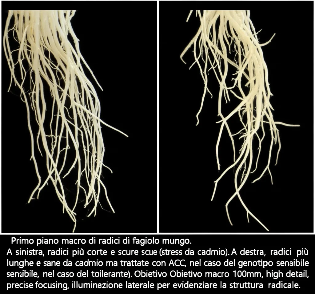 Primo piano macro di radici di fagiolo mungo. A sinistra, radici più corte e scure (stress da cadmio). A destra, radici più lunghe e sane (stress da cadmio ma trattate con ACC, nel caso del genotipo sensibile, o con inibitori, nel caso del tollerante). Obiettivo macro 100mm, high detail, precise focusing, illuminazione laterale per evidenziare la struttura radicale.
