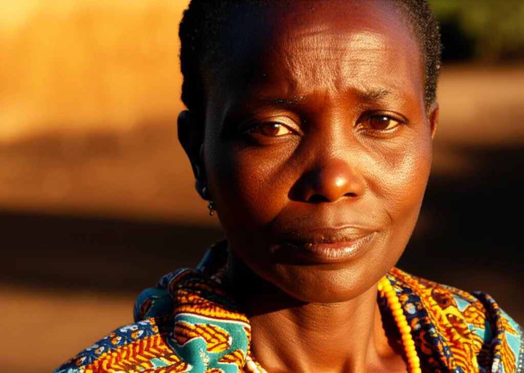 Ritratto intenso di una donna ruandese di mezza età, sopravvissuta al genocidio, con uno sguardo che riflette un passato doloroso ma anche una nuova speranza. Fotografia a colori caldi, obiettivo 50mm, luce naturale pomeridiana, profondità di campo che sfoca leggermente lo sfondo del villaggio.
