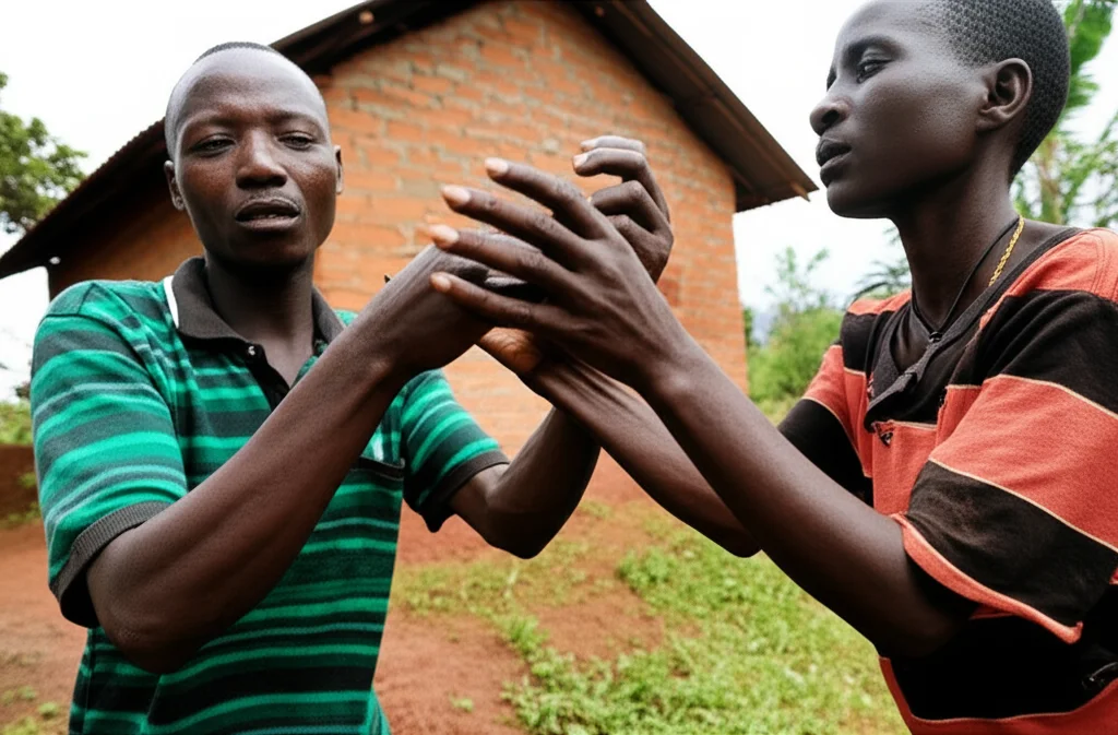 Due uomini ruandesi, un sopravvissuto e un ex-perpetratore, che lavorano fianco a fianco nella costruzione di una casa in mattoni di fango in un villaggio della riconciliazione. Scena diurna, obiettivo 35mm, colori della terra dominanti, focus sull'azione collaborativa e sulle mani che lavorano insieme.