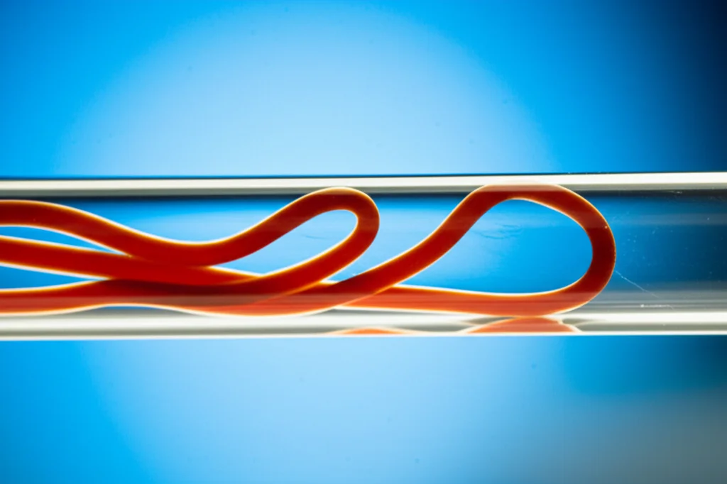 Fotografia macro di un coagulo di sangue filamentoso all'interno di una provetta trasparente, illuminazione da laboratorio controllata, alta definizione, obiettivo macro 100mm, che ne evidenzia la somiglianza con un verme.