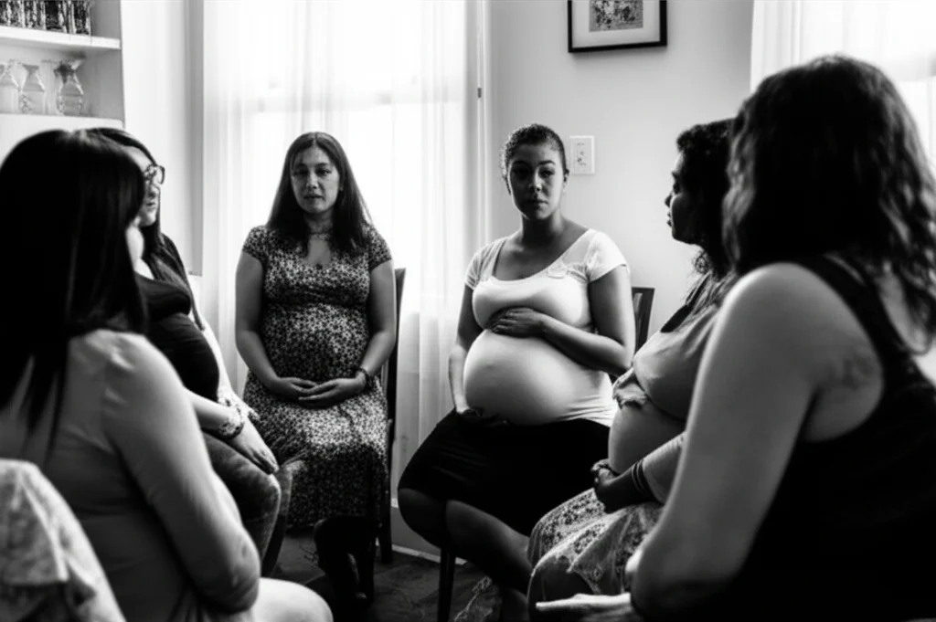 Fotografia di un gruppo diversificato di donne incinte di varie etnie che partecipano attivamente a un focus group in un ambiente accogliente. Obiettivo prime 35mm, luce naturale, profondità di campo per mettere a fuoco le espressioni coinvolte, bianco e nero per un tocco emotivo.