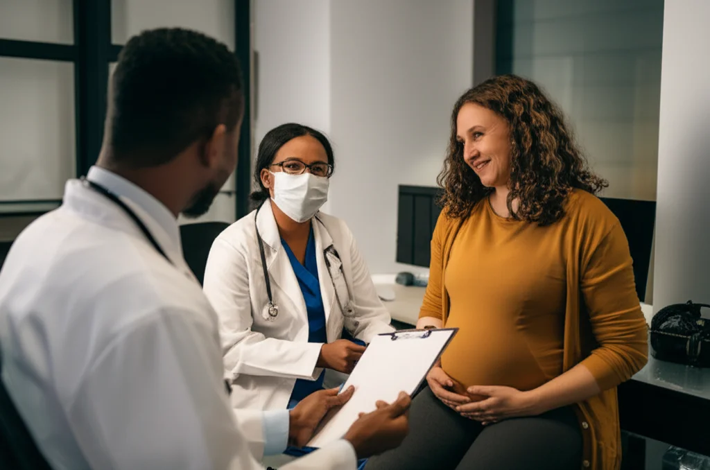 Primo piano di un medico empatico che ascolta attentamente una donna incinta di origine diversa in uno studio medico luminoso. Obiettivo 50mm, profondità di campo ridotta per sfocare lo sfondo, luce calda, catturando un momento di fiducia e comprensione.