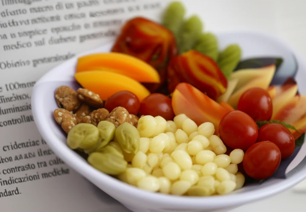 Immagine macro di un piatto colorato di cibo tradizionale etnico accostato a un semplice opuscolo informativo medico sul diabete gestazionale. Obiettivo macro 100mm, alta definizione, illuminazione controllata per evidenziare il contrasto tra cultura e indicazioni mediche standard.