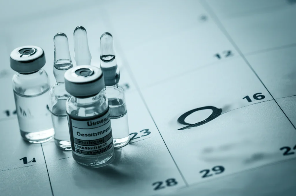A dynamic composition, prime lens 35mm, showing a collection of emergency medication vials (naloxone, epinephrine, dopamine, dexamethasone, dobutamine) alongside a calendar with a date circled past its expiration, symbolizing the study. Depth of field, with medications in sharp focus and calendar slightly blurred. Duotone effect, perhaps blue and grey, for a serious yet hopeful feel.