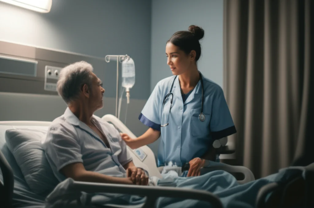 A nurse speaking kindly to a patient in a hospital room, 35mm portrait, soft lighting, depth of field.