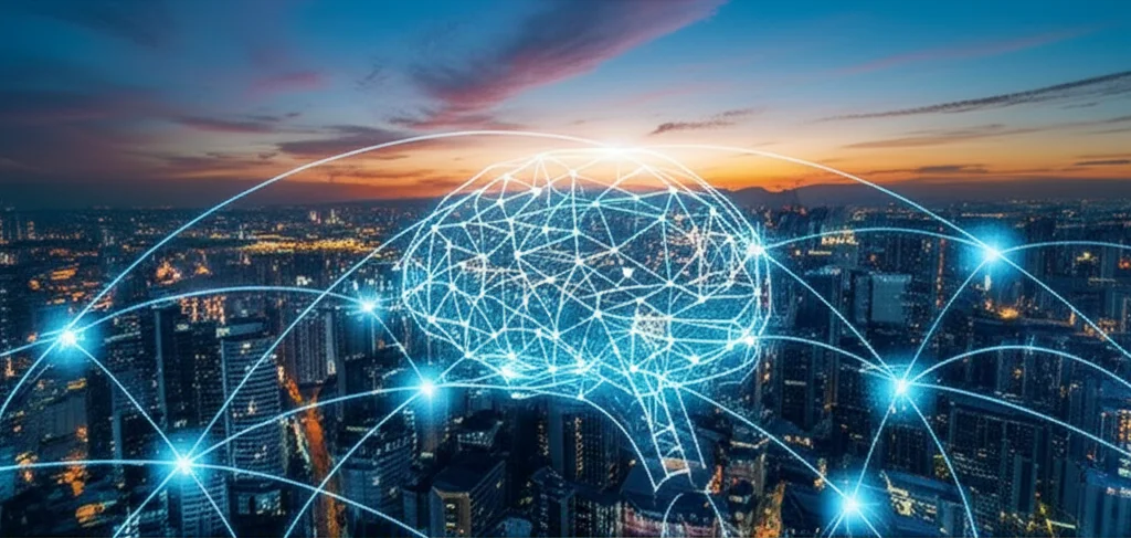 Immagine concettuale con cervelli digitali luminosi interconnessi all'interno di una rete di dispositivi IoT su uno sfondo di città intelligente futuristica al tramonto. Wide-angle lens, 20mm, long exposure per scie luminose, sharp focus sui dettagli tecnologici.