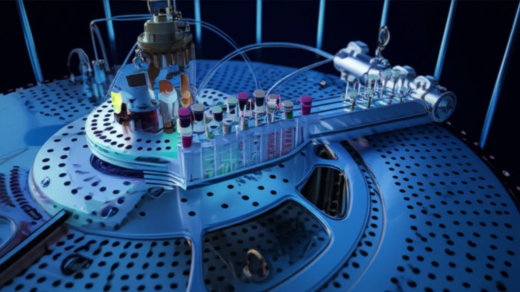 Photorealistic image of a cutting-edge scientific system for radiation detection in biological samples, featuring intricate components and precise engineering, high detail, controlled lighting.