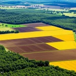 Veduta aerea di un paesaggio agricolo complesso, che mostra campi coltivati intensivi (giallo/marrone) adiacenti a frammenti di foresta naturale (verde scuro). Fotografia paesaggistica, obiettivo grandangolare 20mm, luce del mattino che crea lunghe ombre, alta definizione, che illustra visivamente il dilemma tra espansione agricola e intensificazione su terreni esistenti, con la biodiversità dell'habitat naturale chiaramente in gioco.