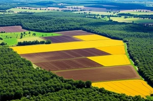 Veduta aerea di un paesaggio agricolo complesso, che mostra campi coltivati intensivi (giallo/marrone) adiacenti a frammenti di foresta naturale (verde scuro). Fotografia paesaggistica, obiettivo grandangolare 20mm, luce del mattino che crea lunghe ombre, alta definizione, che illustra visivamente il dilemma tra espansione agricola e intensificazione su terreni esistenti, con la biodiversità dell'habitat naturale chiaramente in gioco.
