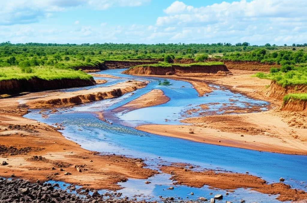 Wide-angle landscape 10mm showing a river flowing through an industrial mining area in Zambia, with visible signs of pollution near the banks, sharp focus.