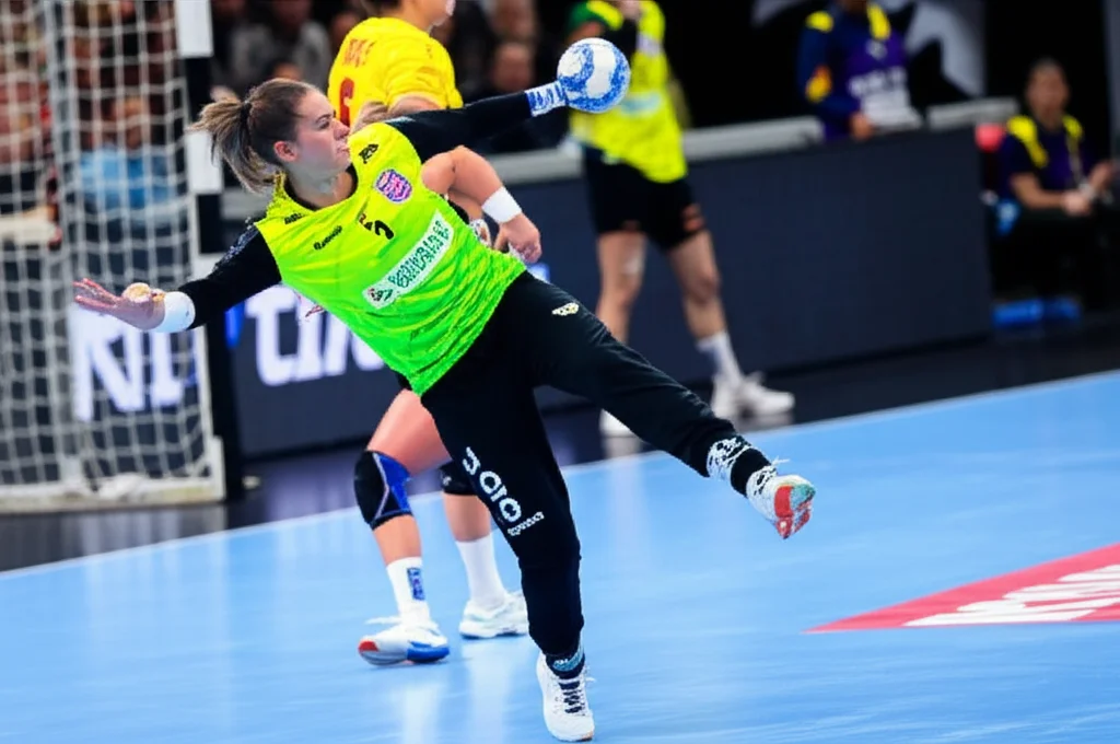 Portiere di pallamano femminile in azione, obiettivo zoom 100-400mm, tracciamento del movimento, la portiera si tuffa per parare un tiro potente da 9 metri durante una partita cruciale dell'Europeo 2022, espressione concentrata, sfondo sfocato.