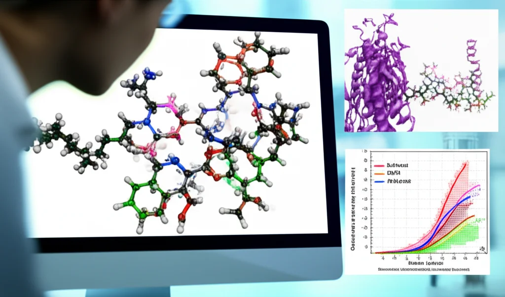 Visualizzazione 3D di strutture molecolari complesse di farmaci per il Parkinson su uno schermo di computer, con grafici QSPR sovrapposti che mostrano correlazioni tra struttura e proprietà. Obiettivo macro 85mm, illuminazione controllata da laboratorio, alto dettaglio sui legami atomici e sulle superfici molecolari.
