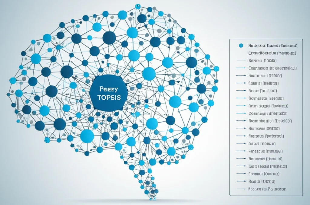 Grafico astratto che rappresenta il processo decisionale multi-criteria Fuzzy TOPSIS applicato ai farmaci per il Parkinson. Nodi luminosi interconnessi rappresentano i farmaci e i criteri, con frecce che convergono verso una classifica finale. Stile infografico pulito, colori blu e grigio duotone, focus nitido sul concetto di ranking.
