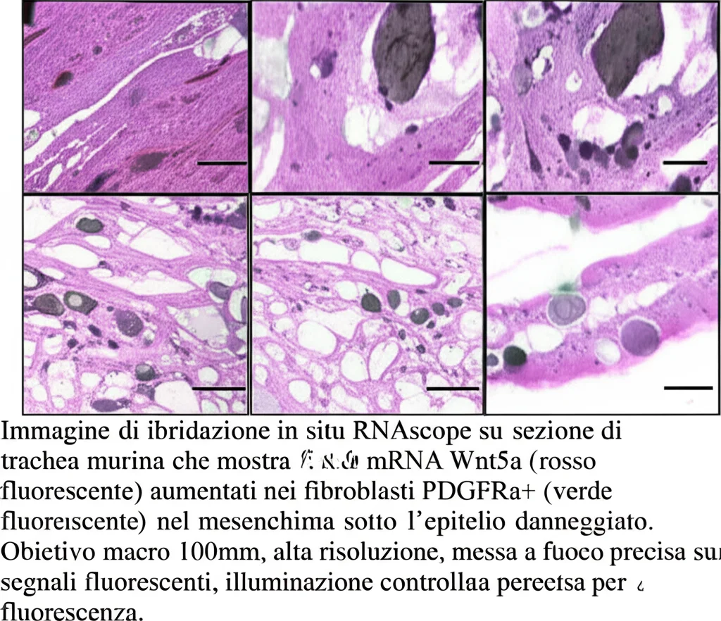 Immagine di ibridazione in situ RNAscope su sezione di trachea murina che mostra puncta di mRNA Wnt5a (rosso fluorescente) aumentati nei fibroblasti PDGFRa+ (verde fluorescente) nel mesenchima sotto l'epitelio danneggiato. Obiettivo macro 100mm, alta risoluzione, messa a fuoco precisa sui segnali fluorescenti, illuminazione controllata per fluorescenza.
