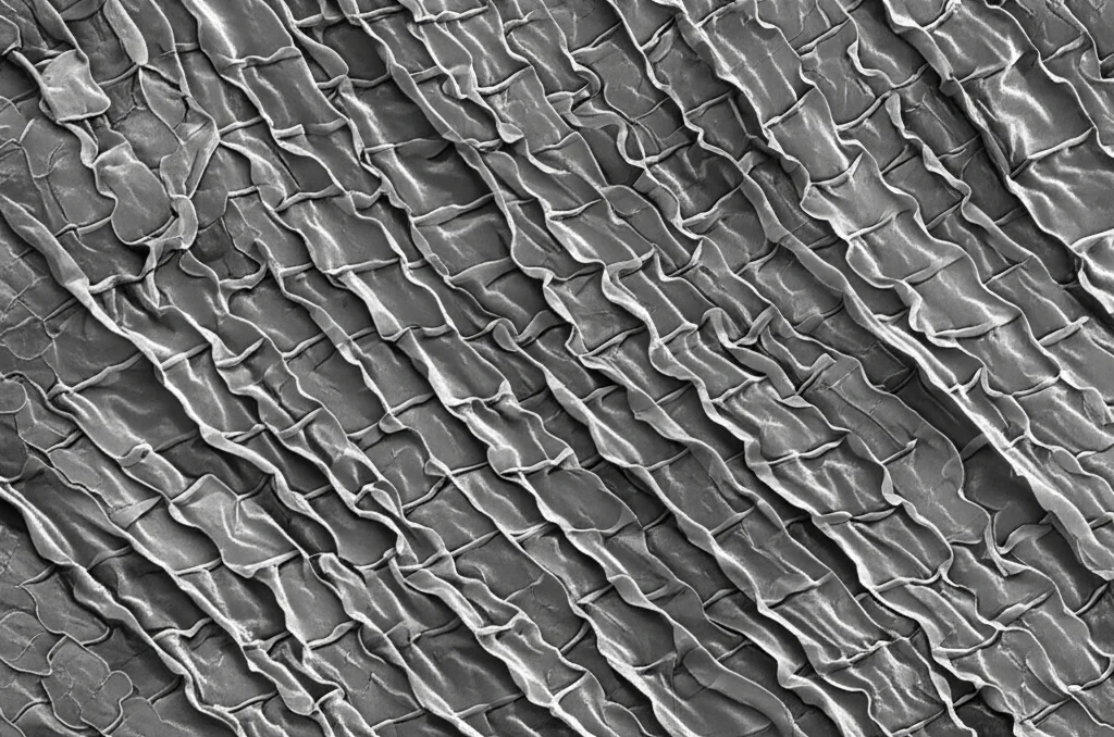 Immagine al microscopio elettronico a scansione (SEM) di tessuto epidermico di foglia di tabacco, obiettivo macro 100mm, alta definizione, illuminazione controllata per evidenziare i dettagli. Si vedono chiaramente le cellule con forme irregolari e ondulate che si incastrano come un puzzle, bianco e nero per maggiore contrasto scientifico.