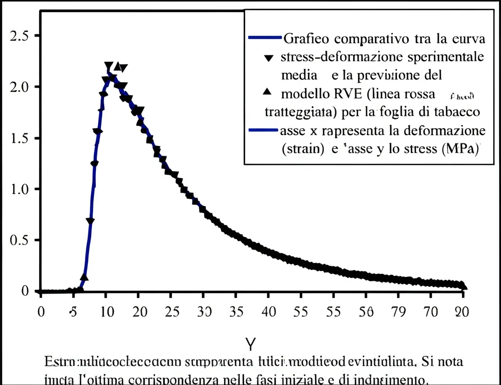 Grafico comparativo tra la curva stress-deformazione sperimentale media (linea nera) e la previsione del modello RVE (linea rossa tratteggiata) per la foglia di tabacco. L'asse x rappresenta la deformazione (strain) e l'asse y lo stress (MPa). Si nota l'ottima corrispondenza nelle fasi iniziale e di indurimento. Visualizzazione scientifica chiara e pulita.