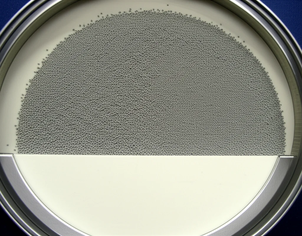 Immagine macro, lente 100mm, di polvere di catalizzatore NiMo/MgO grigio chiaro su un supporto ceramico bianco in laboratorio, illuminazione controllata, alta definizione dei granuli.