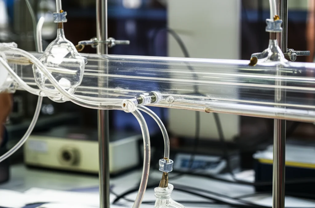 Fotografia di un reattore tubolare orizzontale in quarzo in un laboratorio di chimica, 35mm prime lens, illuminazione controllata, tubi collegati per l'ingresso del biogas e l'uscita del syngas, atmosfera scientifica.