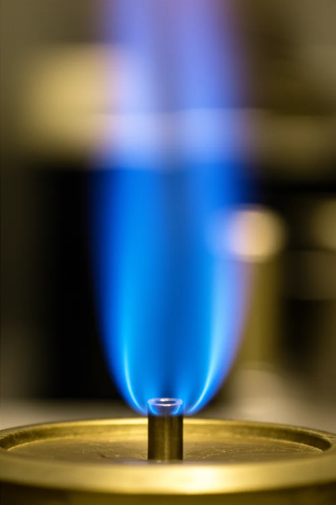 Fotografia di una piccola fiamma bluastra stabile proveniente da un ugello metallico, 100mm telephoto zoom, fast shutter speed, che brucia syngas in un ambiente di laboratorio controllato, sfondo leggermente sfocato.