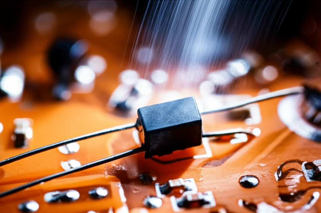 Macro shot, 70mm lens, di un componente elettronico (un condensatore) su un circuito stampato, sottoposto a test di calore con una leggera foschia di vapore visibile, illuminazione da laboratorio controllata, messa a fuoco precisa sul componente, high detail.