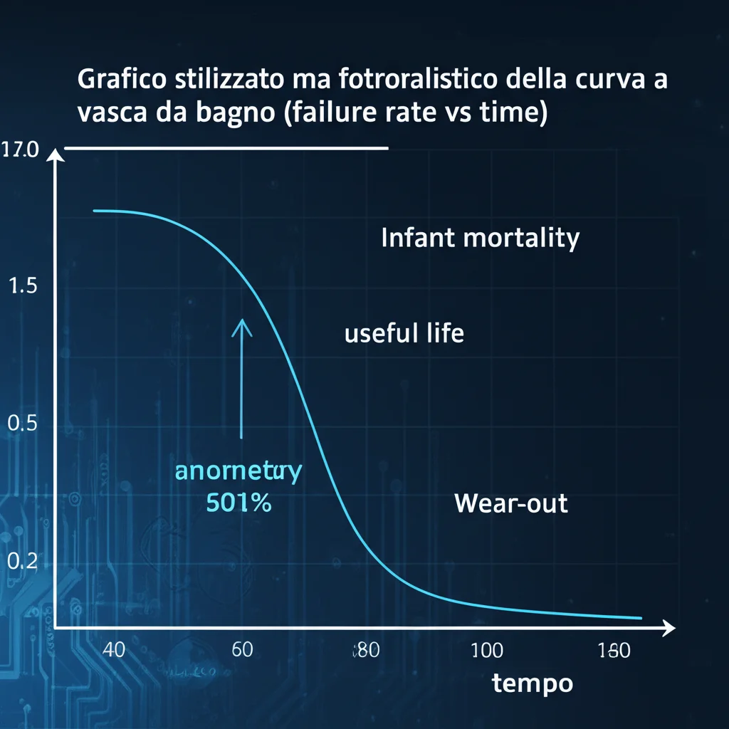 Grafico stilizzato ma fotorealistico della curva a vasca da bagno (failure rate vs time), con le tre fasi (infant mortality, useful life, wear-out) evidenziate. Sfondo astratto con texture high-tech blu e grigio duotone, 35mm lens.
