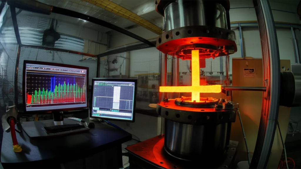 Fotografia di un laboratorio di test sui materiali, wide-angle lens 18mm, con una macchina per prove di trazione che applica stress a un campione di metallo incandescente. Monitor sullo sfondo mostrano grafici di dati in tempo reale. Illuminazione drammatica, sharp focus, long exposure per catturare il movimento della macchina.