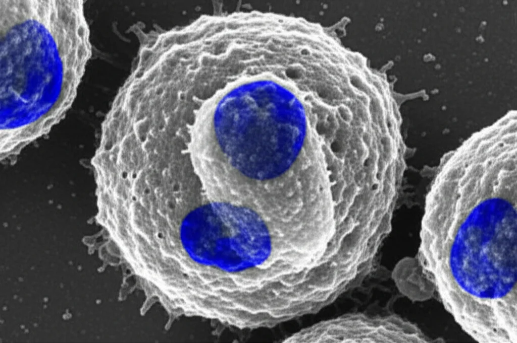 Macro fotografia, 90mm lens, che mostra la struttura dettagliata di cellule B linfomatose sotto un microscopio elettronico, con alcune cellule che mostrano segni di attività anomala, illuminazione da laboratorio controllata, messa a fuoco precisa sui dettagli cellulari.