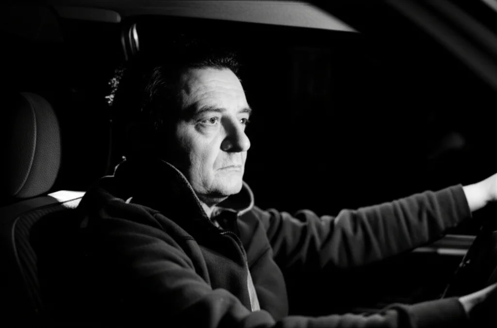 Fotografia ritratto di un uomo di mezza età alla guida di notte, espressione stanca, leggermente illuminato dalla luce del cruscotto, obiettivo 35mm, profondità di campo, bianco e nero.