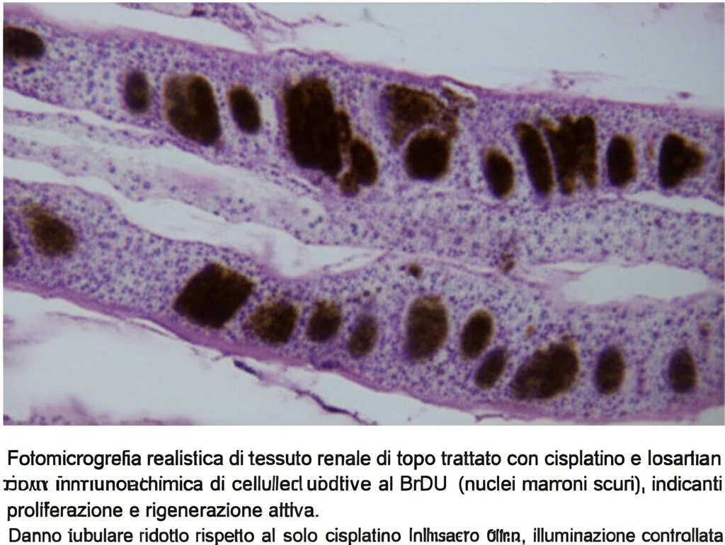Fotomicrografia realistica di tessuto renale di topo trattato con cisplatino e losartan. Evidenziazione tramite immunoistochimica di cellule tubulari positive al BrdU (nuclei marroni scuri), indicanti proliferazione e rigenerazione attiva. Danno tubulare ridotto rispetto al solo cisplatino. Obiettivo macro 60mm, alta definizione, illuminazione controllata.