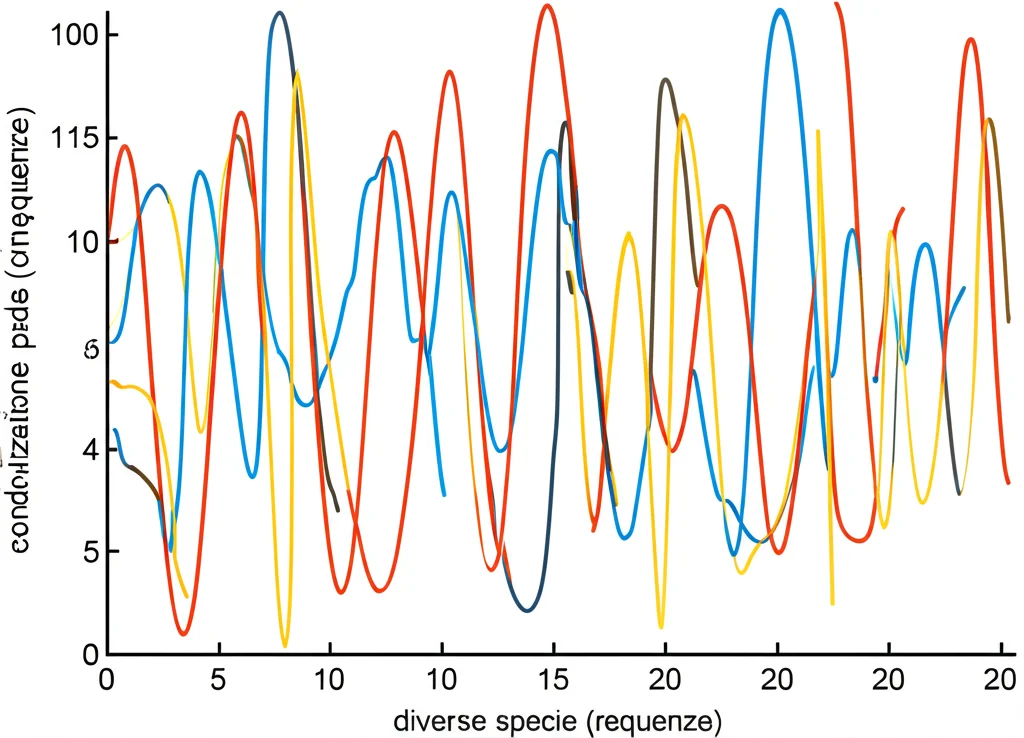 Visualizzazione astratta di onde sonore con picchi rappresentanti le frequenze fondamentali e le armoniche del battito d'ali di diverse specie di zanzare, colori diversi per ogni specie, alcune onde si sovrappongono per illustrare l'overlap delle frequenze, stile infografica scientifica.