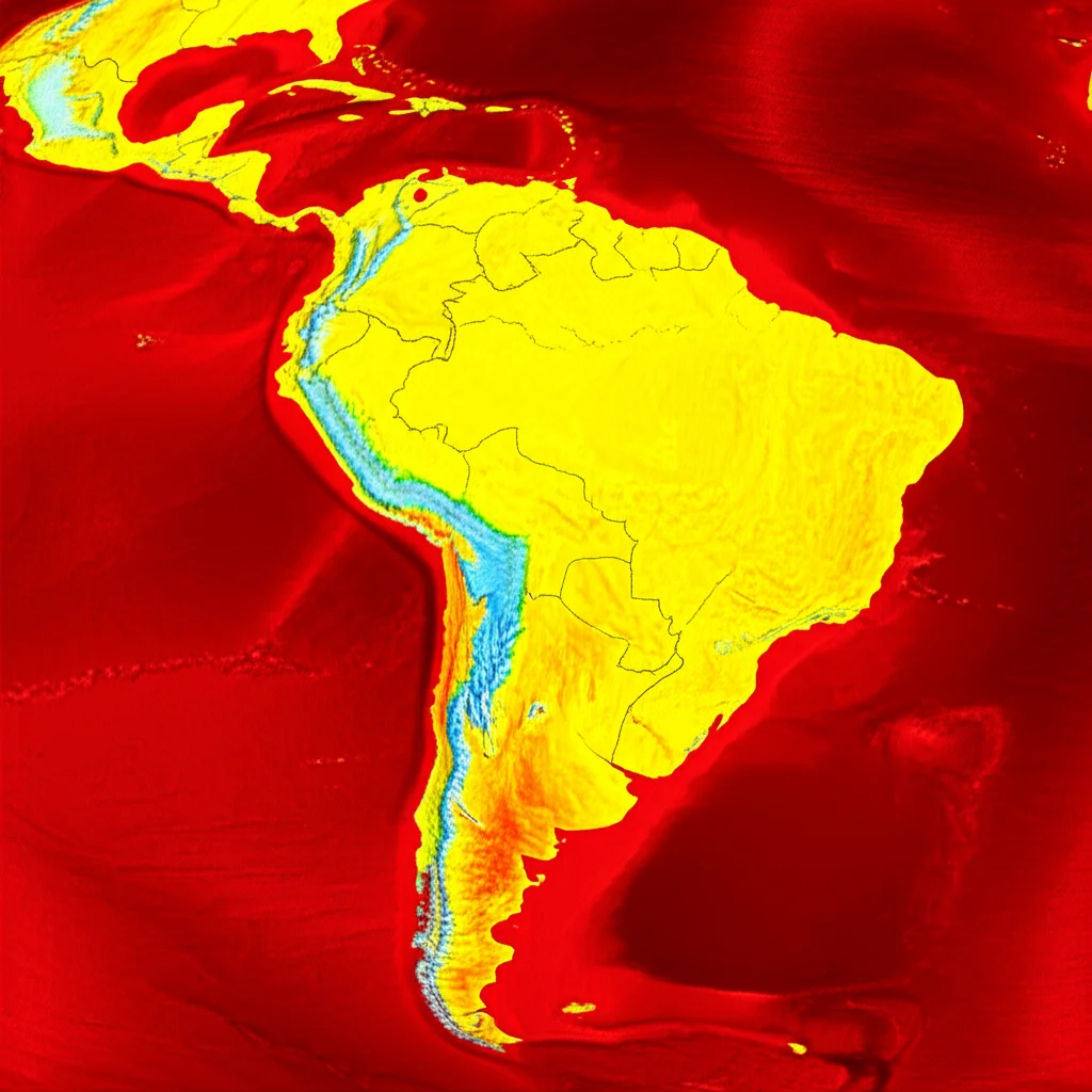 Wide-angle landscape, 15mm, vista aerea simulata da un modello climatico che mostra vaste aree continentali. Alcune zone (alte latitudini, parti del Sud America) sono colorate di rosso/arancione per indicare un aumento significativo della temperatura e dell'indice di calore dovuto all'effetto fisiologico delle piante, sharp focus, visualizzazione dati scientifici sovrapposta.