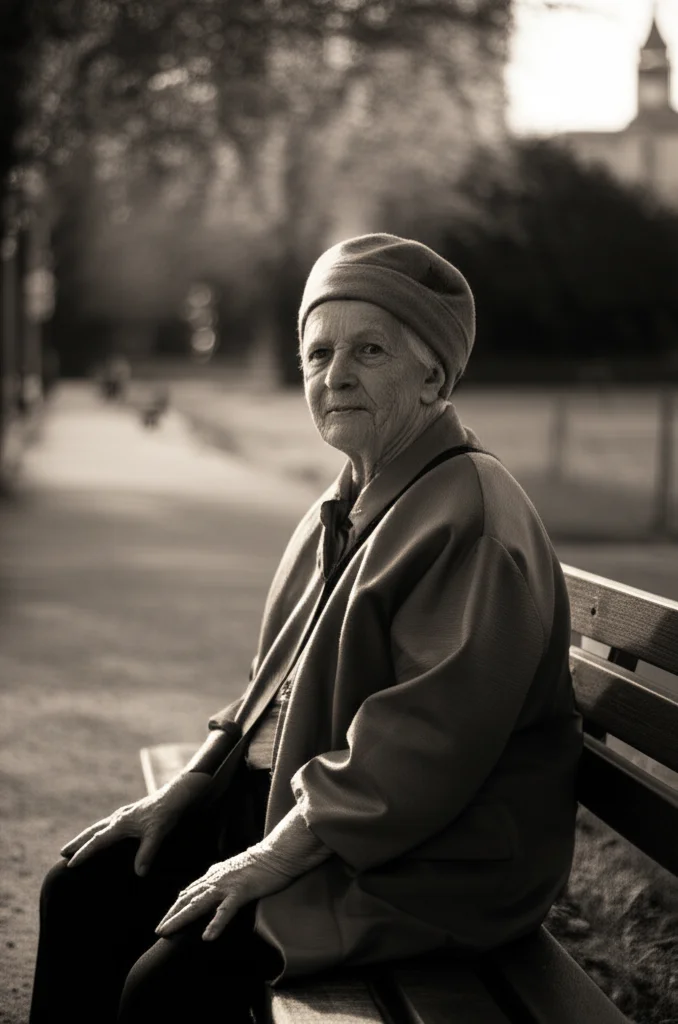 Portrait photography, 35mm prime lens, una persona anziana si asciuga il sudore dalla fronte seduta su una panchina in un parco cittadino durante una giornata estiva visibilmente calda e umida. L'aria sembra pesante, sfondo leggermente sfocato (depth of field), luce solare intensa ma filtrata dagli alberi, duotone seppia e grigio per accentuare il disagio.