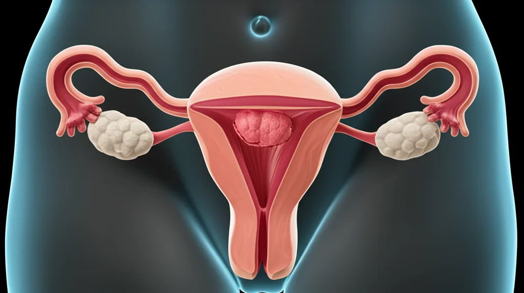 Illustrazione medica stilizzata dell'utero con fibromi visibili, macro lens, 80mm, illuminazione controllata per evidenziare i dettagli della struttura interna, sfondo neutro.