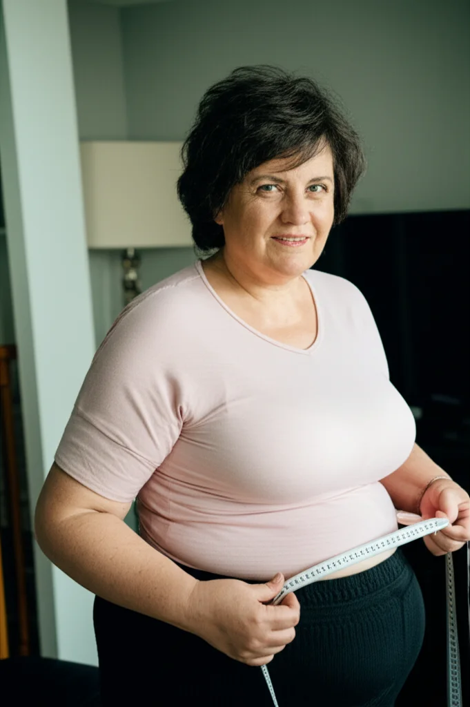Una donna di mezza età sorridente misura il suo girovita con un metro a nastro flessibile in un ambiente domestico luminoso, 35mm portrait, profondità di campo per sfocare leggermente lo sfondo, luce naturale dalla finestra.