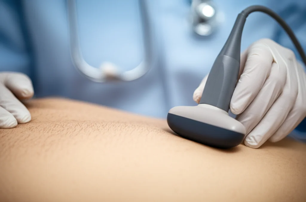 Fotografia macro di una sonda ecografica per elastografia shear-wave appoggiata sulla schiena di una persona in posizione prona in uno studio medico, messa a fuoco precisa sulla sonda e sulla pelle, illuminazione controllata da studio, alta definizione. Obiettivo macro 100mm.