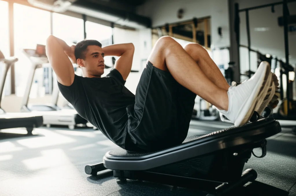 Foto dinamica di un giovane uomo che esegue un esercizio di core training (posizione simile al sit-up hold) su una pedana vibrante nera in una palestra moderna e luminosa. Leggero effetto motion blur per indicare la vibrazione, focus sull'espressione concentrata dell'uomo, attrezzatura da palestra visibile sullo sfondo. Teleobiettivo zoom 150mm, fast shutter speed, action tracking.