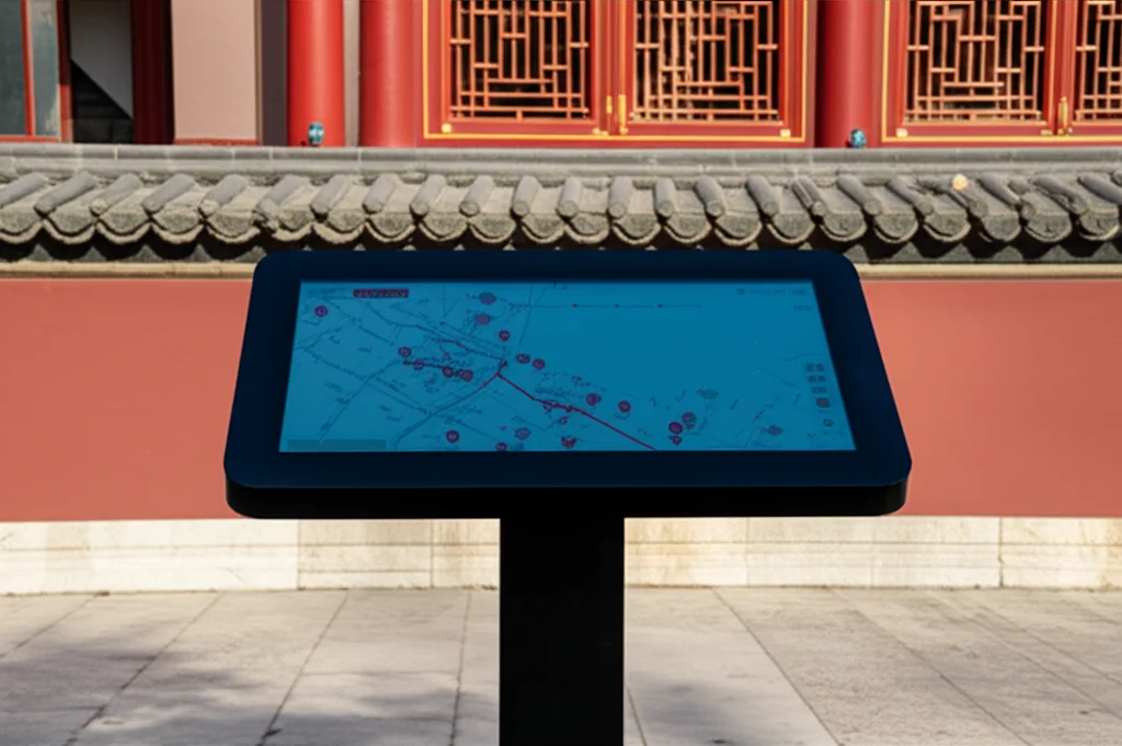 Un moderno segnale digitale informativo con mappa interattiva, installato con discrezione vicino a un muro storico rosso della Città Proibita. Fotografia con obiettivo prime 35mm, messa a fuoco precisa sul display luminoso, luce ambientale controllata.