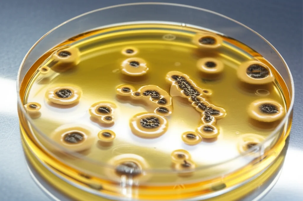 Immagine macro fotorealistica di piastre di Petri con colonie batteriche di Campylobacter in un laboratorio di microbiologia, obiettivo macro 100mm, alta definizione, illuminazione controllata per evidenziare i dettagli delle colonie, sfondo leggermente sfocato.