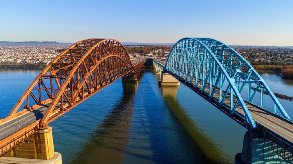 Fotografia realistica di due ponti in acciaio molto diversi, uno arrugginito e vecchio in una giornata nuvolosa, l'altro moderno e verniciato di blu brillante sotto il sole. Ripresa effettuata da un drone. Obiettivo grandangolare 24mm, alta definizione, per illustrare visivamente il concetto di 'domain shift' nell'ispezione di ponti.
