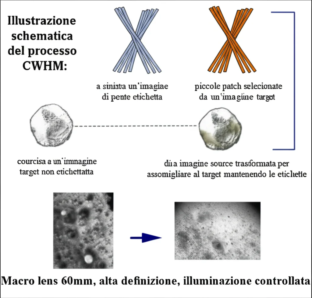 Illustrazione schematica del processo CWHM: a sinistra un'immagine di ponte etichettata (source), al centro piccole patch selezionate da un'immagine target non etichettata, a destra l'immagine source trasformata per assomigliare al target mantenendo le etichette. Macro lens 60mm, alta definizione, illuminazione controllata.