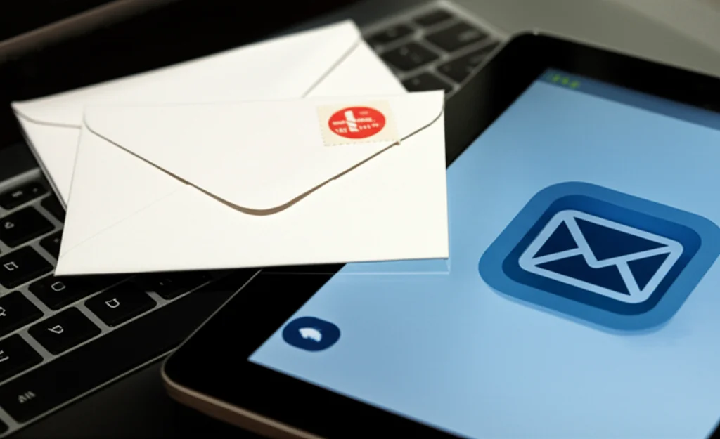 Primo piano di due buste su una scrivania: una è una busta fisica bianca con un francobollo danese, l'altra è un'icona stilizzata di email su uno schermo di tablet accanto. Illuminazione controllata da ufficio, obiettivo macro 85mm, alta definizione per mostrare la texture della carta e i pixel dello schermo.