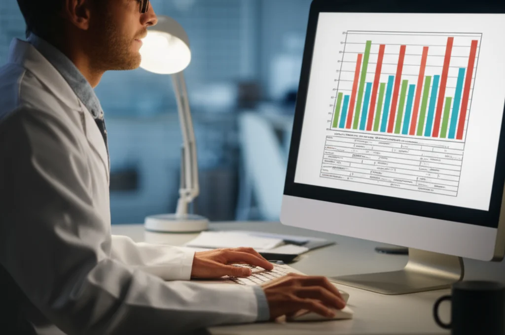 Un ricercatore in camice bianco guarda uno schermo di computer che mostra grafici a barre colorati con tassi di partecipazione per diversi gruppi demografici. Luce da ufficio soffusa, profondità di campo ridotta per sfocare lo sfondo, obiettivo 50mm.