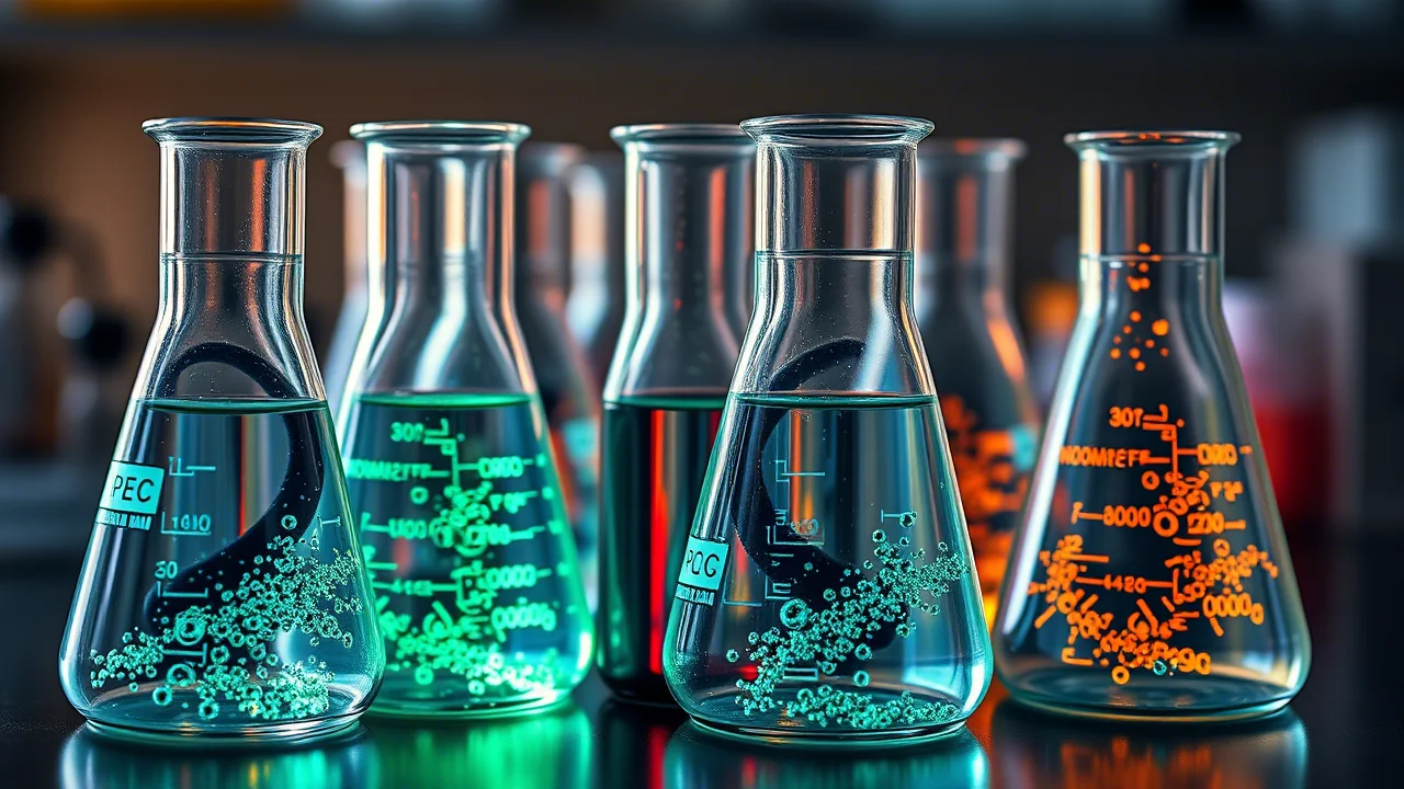 Fotografia still life che mostra una serie di cuvette in un laboratorio, contenenti soluzioni di nanoparticelle d'argento con intensità di fluorescenza decrescente a causa dell'aggiunta di un farmaco. Obiettivo macro 60mm, alta definizione, illuminazione laterale controllata per enfatizzare la fluorescenza.