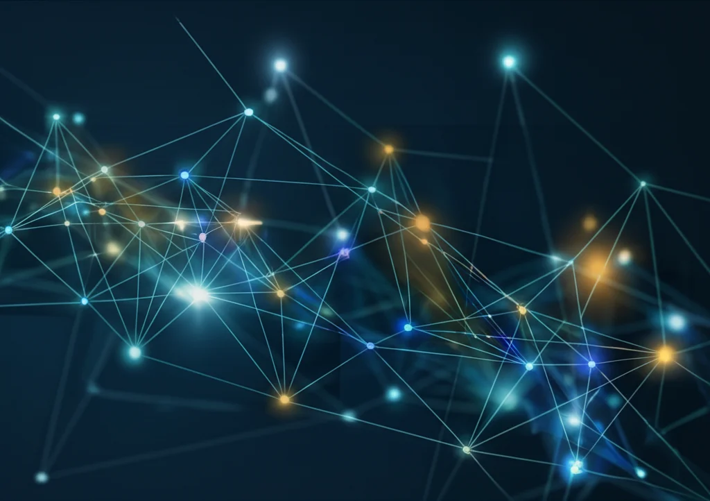 Visualizzazione astratta di una rete sociale complessa, nodi luminosi di diverse dimensioni collegati da linee sottili su sfondo scuro, con alcuni cluster di nodi evidenziati da aloni colorati (es. blu e oro duotone), profondità di campo ridotta per focalizzare su una parte della rete, obiettivo 35mm, stile high-tech e informativo.