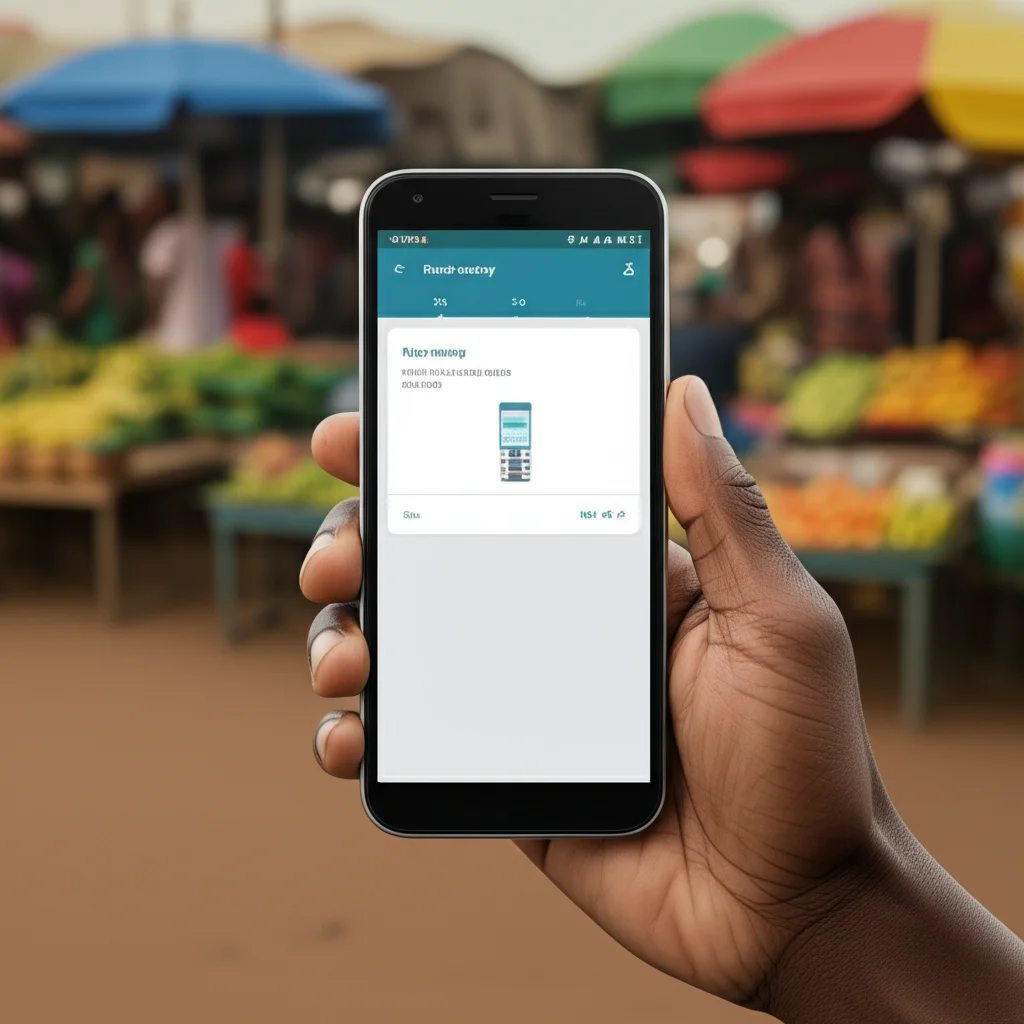 Primo piano di uno smartphone tenuto in mano, lo schermo mostra un'app di mobile money con una transazione di trasferimento confermata. Lo sfondo è un mercato locale vivace ma sfocato (bokeh), luce naturale del giorno, obiettivo 50mm, profondità di campo ridotta per isolare lo smartphone, colori vividi.