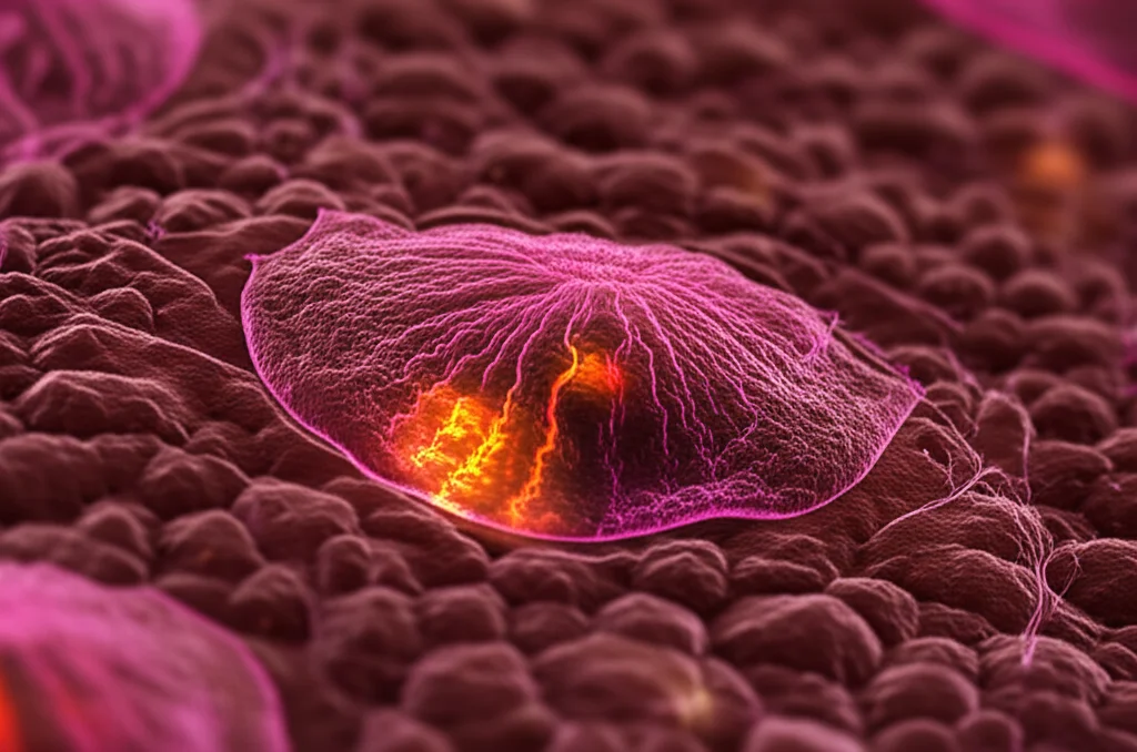 Primo piano macro di una cellula della pelle umana che mostra visibilmente strutture interne come i mitocondri, con segni luminosi che indicano lo stress ossidativo (ROS). Illuminazione controllata per evidenziare i dettagli, obiettivo macro 100mm, alta definizione, messa a fuoco precisa.