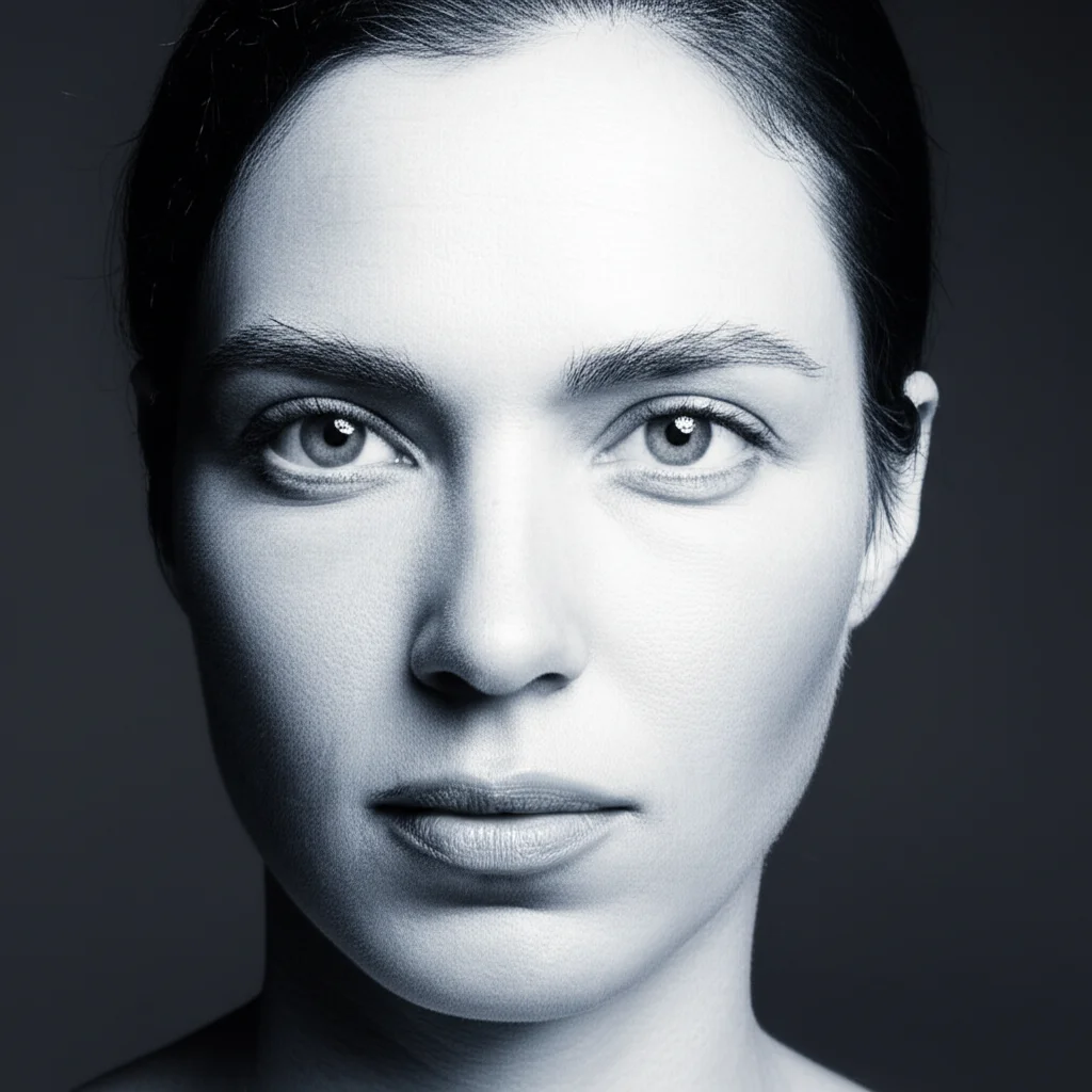 Ritratto di una donna di 40 anni, ripreso con obiettivo da 35mm, in bianco e nero con filtro duotone blu e grigio. La luce laterale evidenzia la texture della pelle e le linee sottili, simboleggiando l'invecchiamento intrinseco influenzato dalla genetica. Profondità di campo ridotta per focalizzare l'attenzione sul viso.