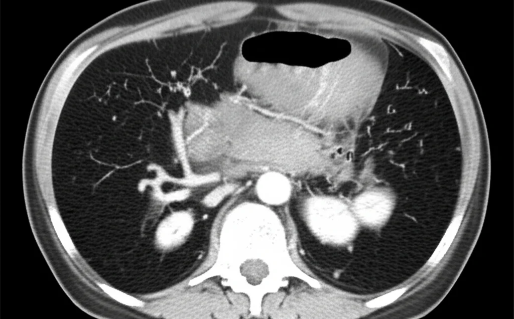 Immagine TC addominale, sezione trasversale, che mostra in dettaglio un pancreas con calcoli evidenti nel dotto pancreatico principale. Utilizzare un obiettivo macro 100mm per alta definizione e illuminazione controllata per evidenziare la struttura dei calcoli e del dotto. Focus preciso sui calcoli.