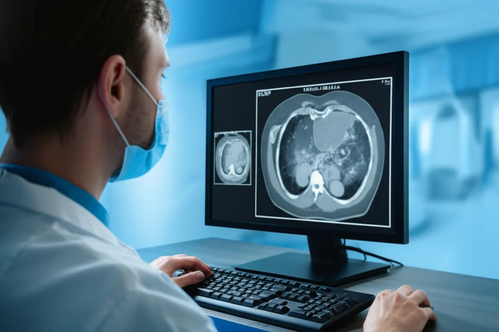 Primo piano di un medico che analizza immagini TC del pancreas su un monitor ad alta risoluzione in una sala di controllo radiologica. L'immagine TC mostra chiaramente calcoli pancreatici con diversi valori di densità (HU). Illuminazione da studio controllata, profondità di campo ridotta per focalizzare sul monitor. Obiettivo prime 35mm.